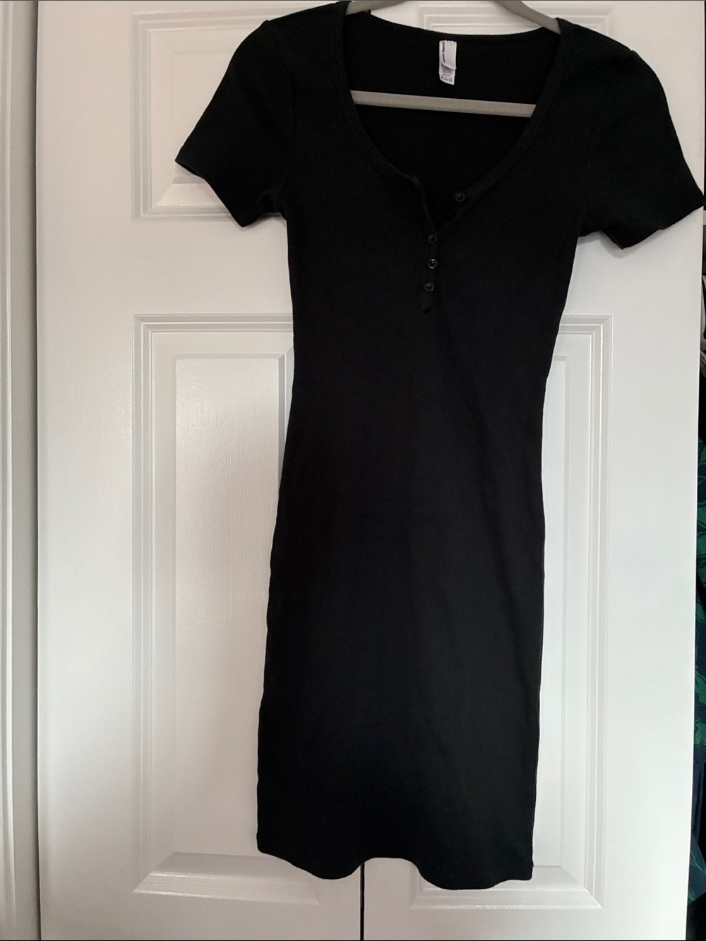American Apparel Black Short-Sleeve Ribbed Henley Mini Dress